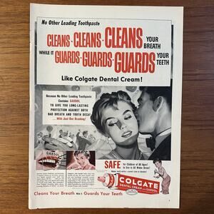 1957 Colgate Cleans your Breath and Guards your Teeth Vintage Print Ad